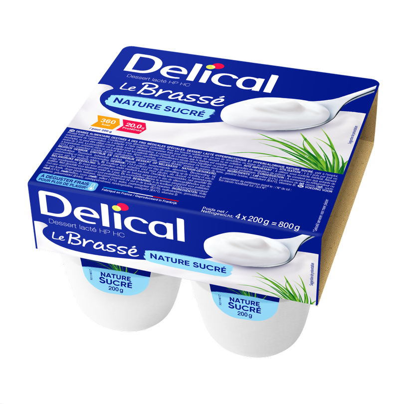 Viererpackung Delical HP-HC Joghurt Brassé Natur in blauer Verpackung.