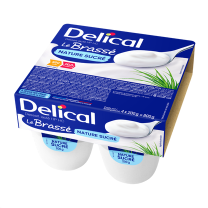 Viererpackung Delical HP-HC Joghurt Brassé Natur in blauer Verpackung.