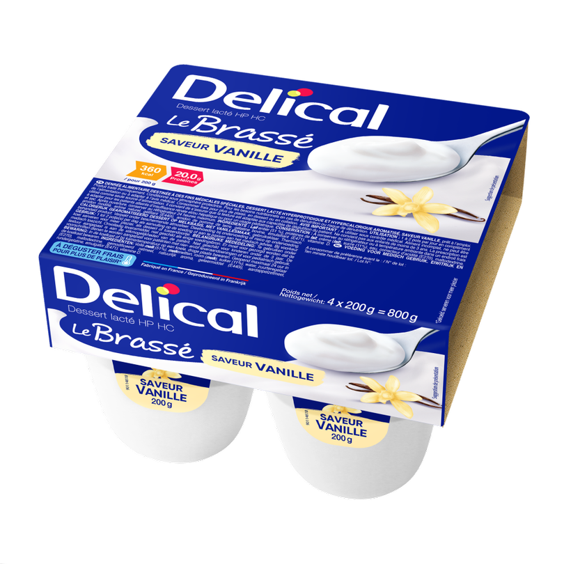Viererpackung Delical HP-HC Joghurt Brassé Vanille in blauer Verpackung.