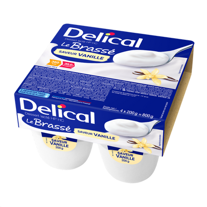 Viererpackung Delical HP-HC Joghurt Brassé Vanille in blauer Verpackung.