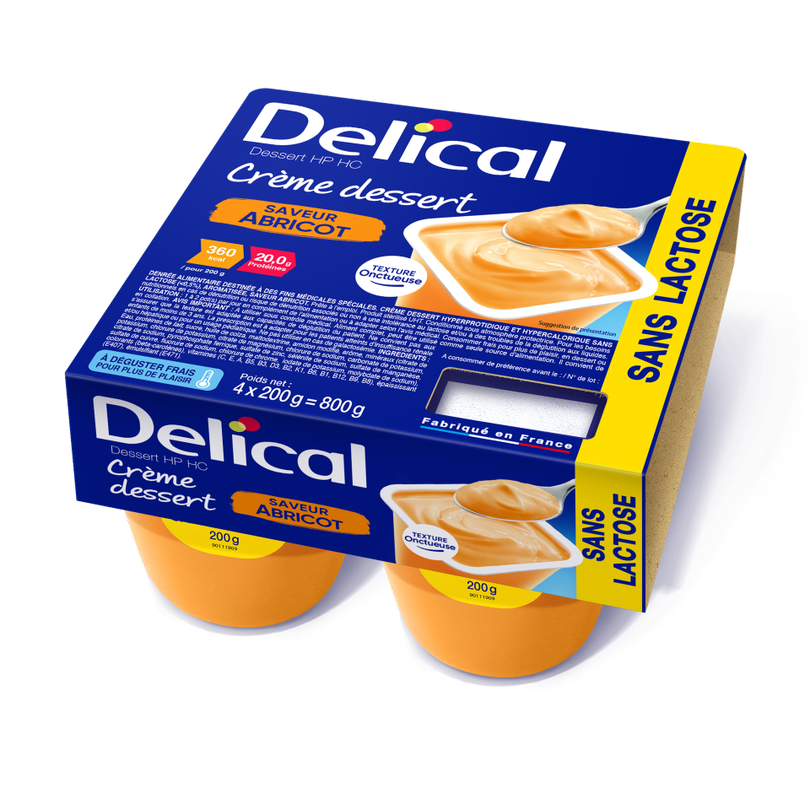 Viererpack Delical Dessertcreme HP HC Kaffee, laktosefrei, mit Nährwertangaben.