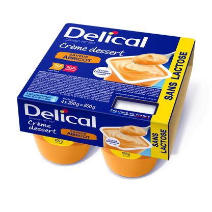 Viererpack Delical Dessertcreme HP HC Kaffee, laktosefrei, mit Nährwertangaben.