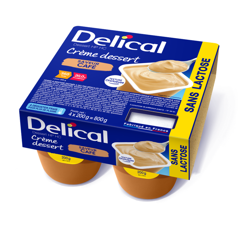 Viererpack Delical Dessertcreme HP HC Schokolade, laktosefrei, mit Nährwertangaben.