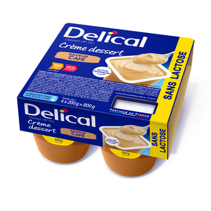 Viererpack Delical Dessertcreme HP HC Schokolade, laktosefrei, mit Nährwertangaben.