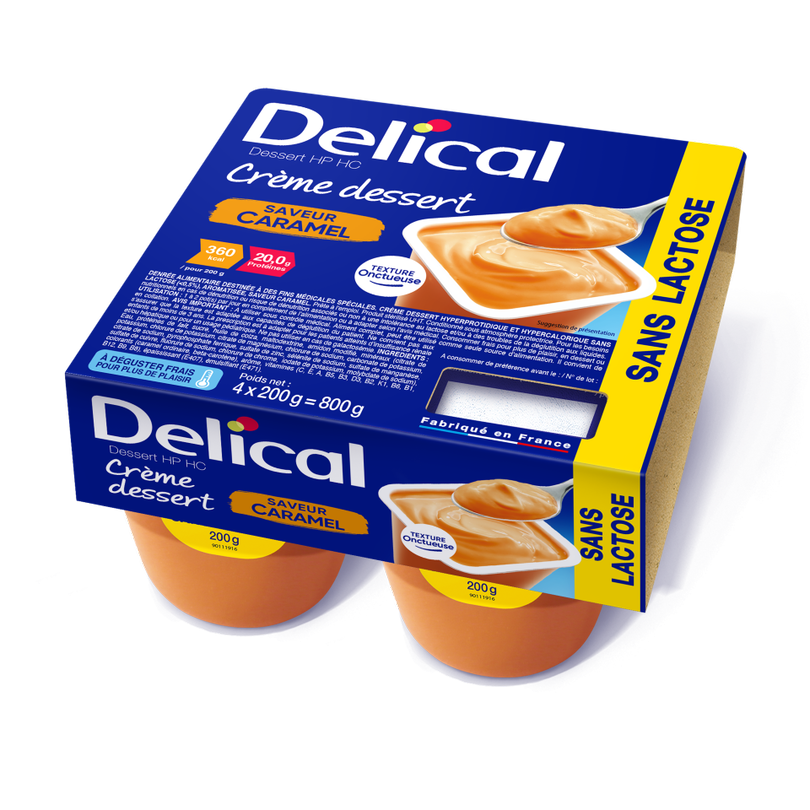 Delical Dessertcreme HP HC Karamell, laktosefrei, Viererpack mit Abbildung der Creme.