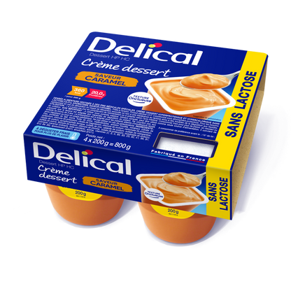 Delical Dessertcreme HP HC Karamell, laktosefrei, Viererpack mit Abbildung der Creme.
