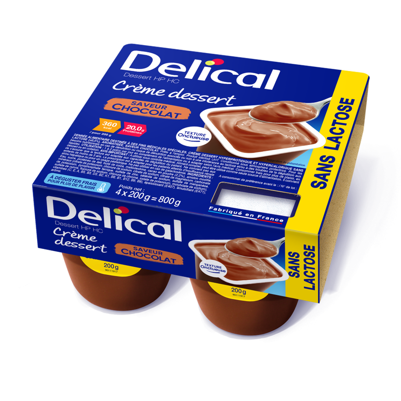 Verpackung von Delical Dessertcreme HP HC Schokolade, laktosefrei, mit vier Bechern.