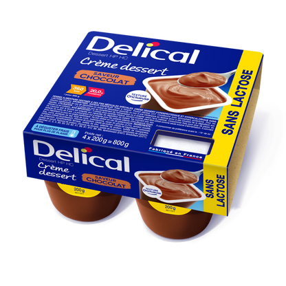 Verpackung von Delical Dessertcreme HP HC Schokolade, laktosefrei, mit vier Bechern.