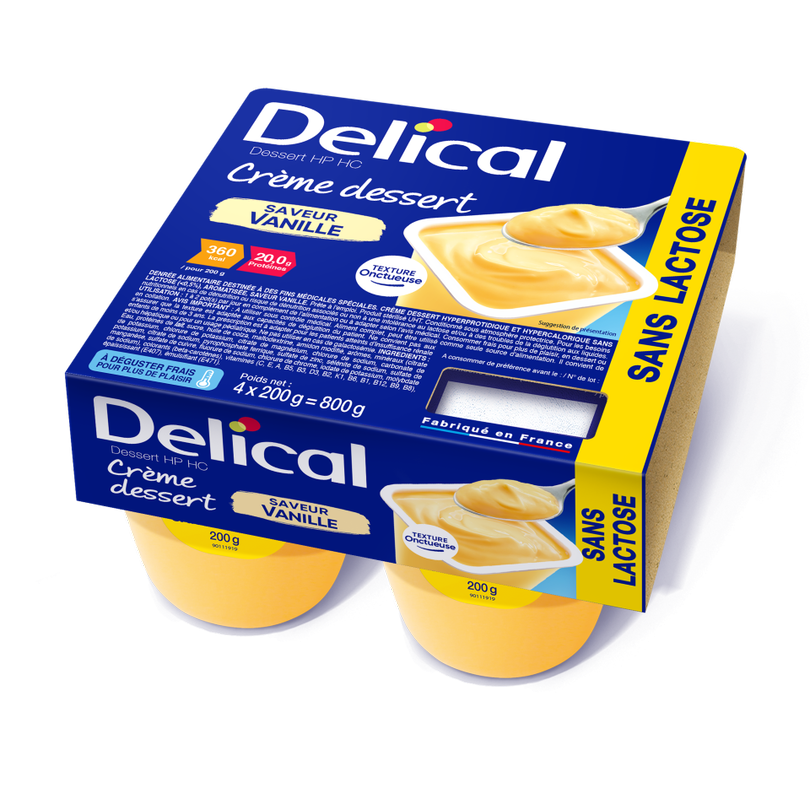 Delical Dessertcreme HP HC Vanille, laktosefrei, Verpackung mit vier Bechern.