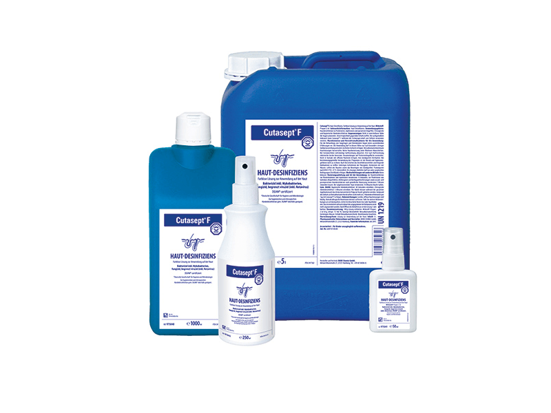 Cutasept F Hautantiseptikum in verschiedenen Größen weißer und blauer Flaschen.