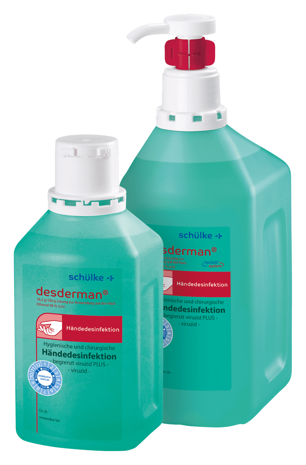 Desderman Pure Händedesinfektion 500 ml mit Pumpverschluss, etikettiert.