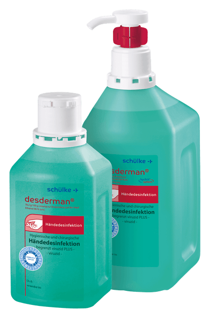 Desderman Pure Händedesinfektion 500 ml mit Pumpverschluss, etikettiert.
