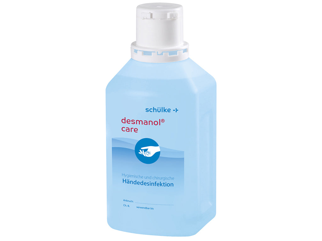 Desmanol Care Händedesinfektion, 500 ml Flasche mit blauem Etikett und weißem Verschluss.