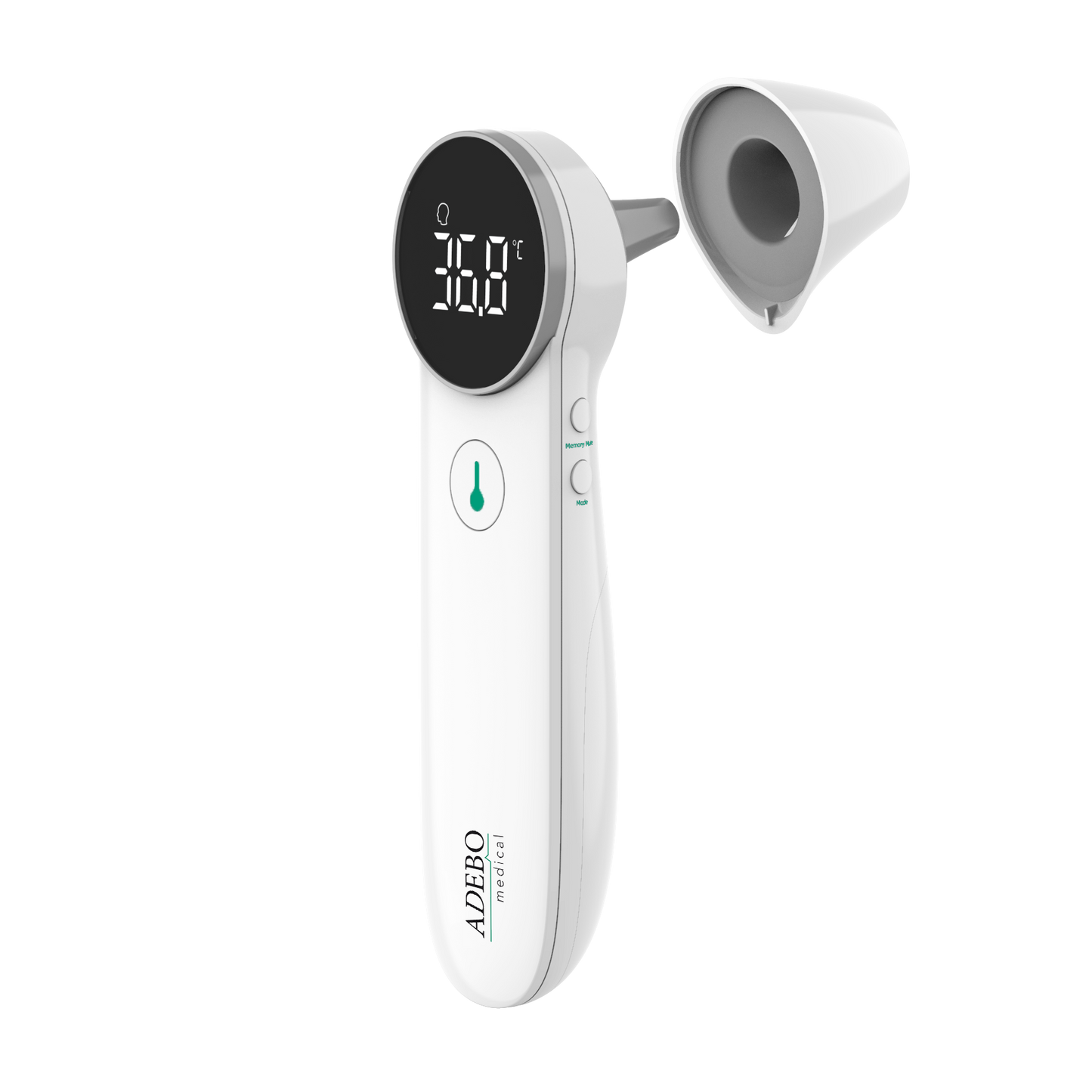 Digitales Infrarot-Fieberthermometer mit LED-Anzeige und abnehmbarem Ohradapter.