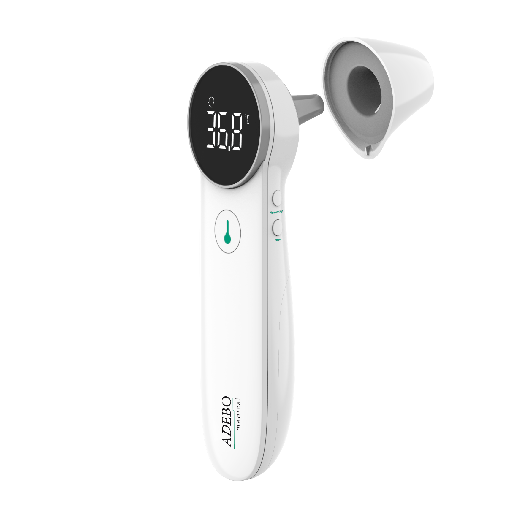 Digitales Infrarot-Fieberthermometer mit LED-Anzeige und abnehmbarem Ohradapter.