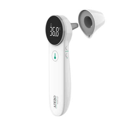 Digitales Infrarot-Fieberthermometer mit LED-Anzeige und abnehmbarem Ohradapter.