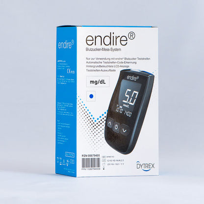 Verpackung des endire® Blutzucker-Messgeräts mit Displayanzeige und mg/dl Einheit.