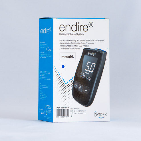 endire® Blutzucker-Messgerät-Verpackung mit mmol/L Anzeige auf digitalem Display.