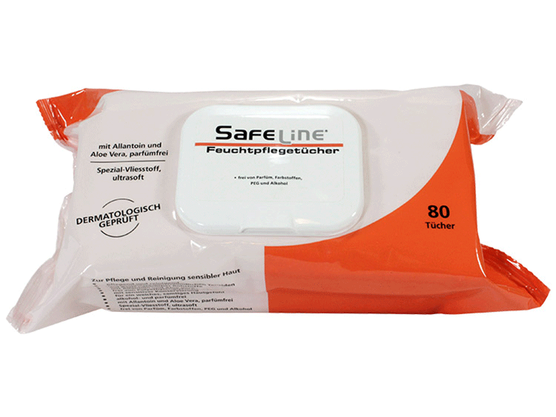 Feuchtpflegetücher Safeline, 80 Tücher, dermatologisch geprüft, parfumfrei.
