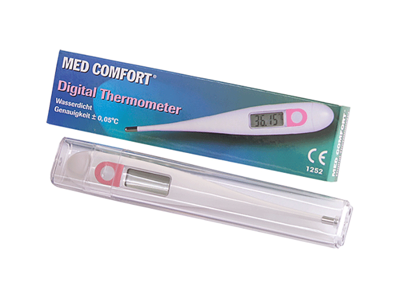 Elektronisches Fieberthermometer in Verpackung mit digitalem Display.