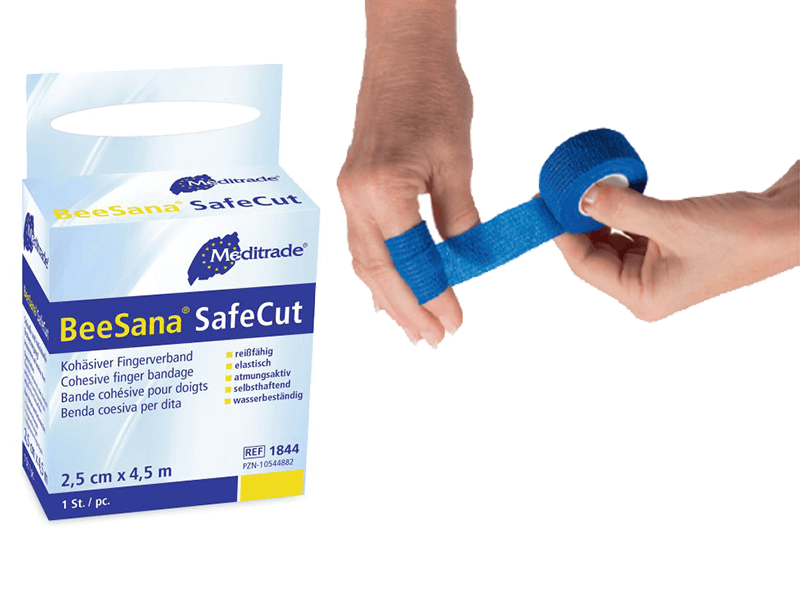 Kohäsiver blauer Fingerverband der Marke Meditrade in Anwendung.