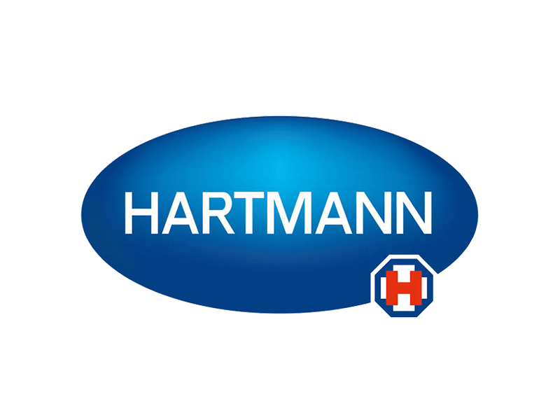 Hartmann-Logo mit blauem ovalem Hintergrund und rotem H-Symbol.