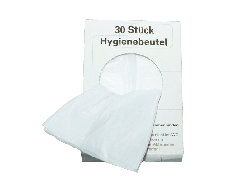 Verpackung der Ampri Hygienebeutel mit sichtbarem Beutel und Entsorgungshinweis.