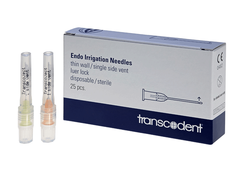 Spülkanüle Endo Irrigation "single side vent" mit Verpackung von Transcodent.