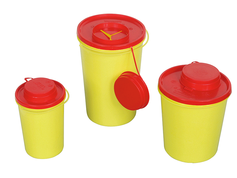 Gelber Kanülen-Entsorgungsbehälter mit rotem Deckel, 0,6 Liter.