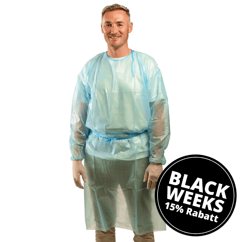 Blauer Schutzkittel 120 x 140 cm mit elastischen Bündchen.