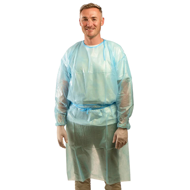 Blauer Schutzkittel 120 x 140 cm mit elastischen Bündchen.