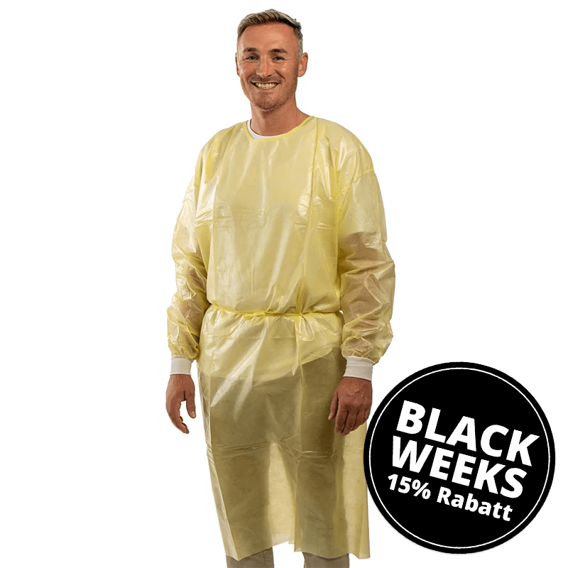 Schutzkittel 125 x 140 cm in Gelb mit Strickbündchen und Klettverschluss.