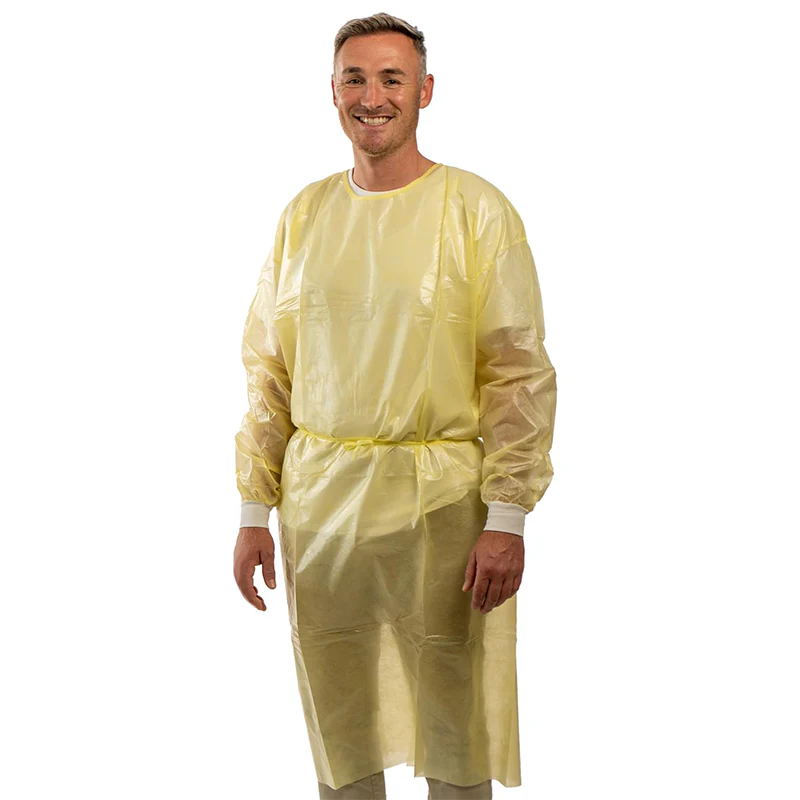 Schutzkittel 125 x 140 cm in Gelb mit Strickbündchen und Klettverschluss.