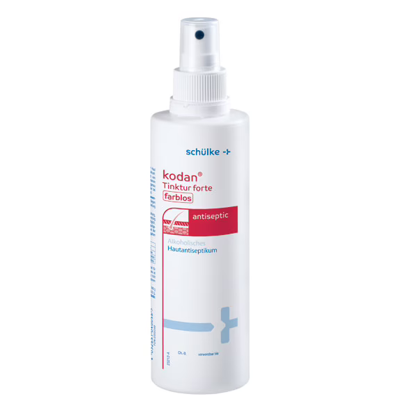 Kodan Tinktur forte, farblos in 250 ml Sprühflasche.