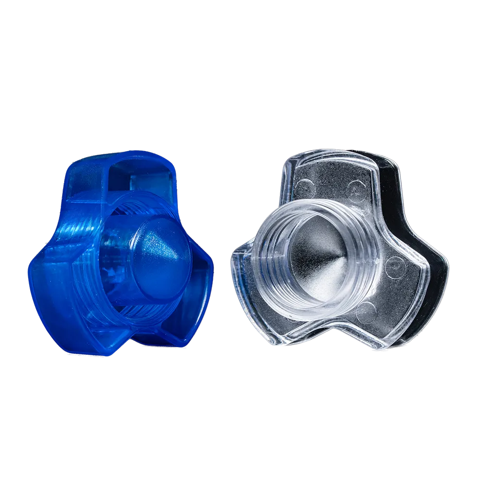 Tablettencrusher mit blauem und durchsichtigem Deckel aus Kunststoff