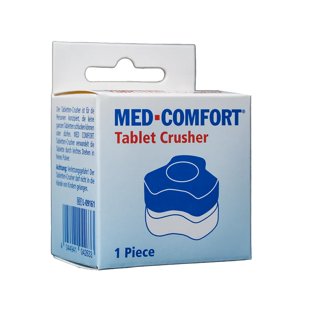 Tabletten-Crusher-Verpackung von Ampri mit blau-weißem Design und Aufschrift "Med-Comfort".