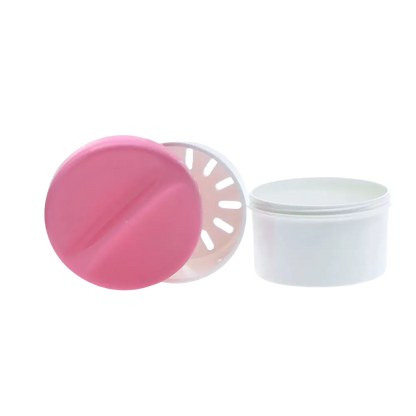 Zahnprothesenbecher in Pink mit Einsatz und abnehmbarem Deckel.