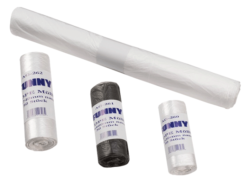 HDPE-Müllbeutel der Marke Plock in verschiedenen Farben und Größen.