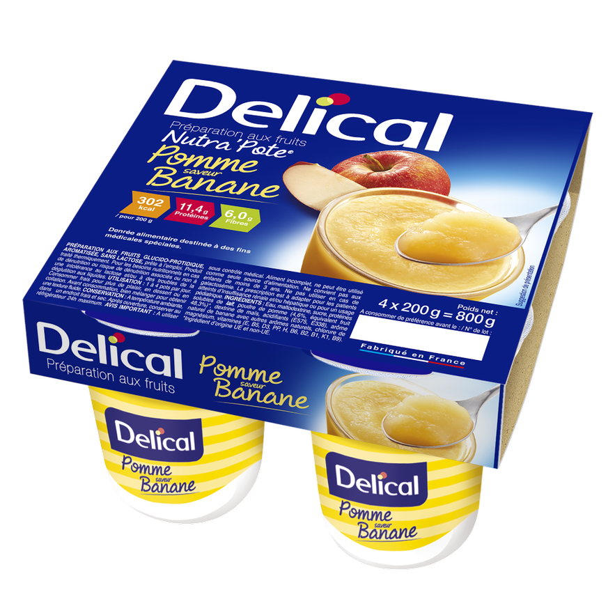 Delical Nutra'Pote Apfel-Banane Becherpackung mit fruchtiger Dessertabbildung.