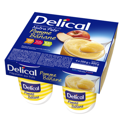 Delical Nutra'Pote Apfel-Banane Becherpackung mit fruchtiger Dessertabbildung.