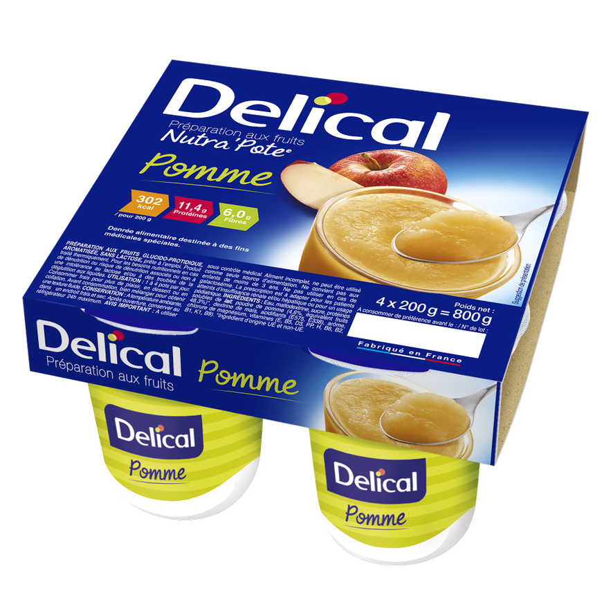 Delical Nutra'Pote Apfelmus-Packung mit zwei Bechern und Fruchtabbildung.