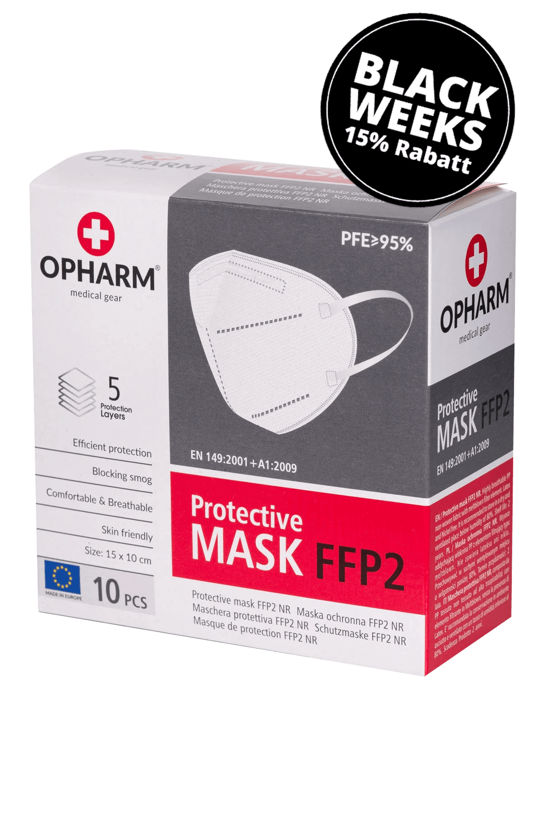 FFP2 Atemschutzmasken-Verpackung mit Maske und Schutzangaben auf Vorderseite.