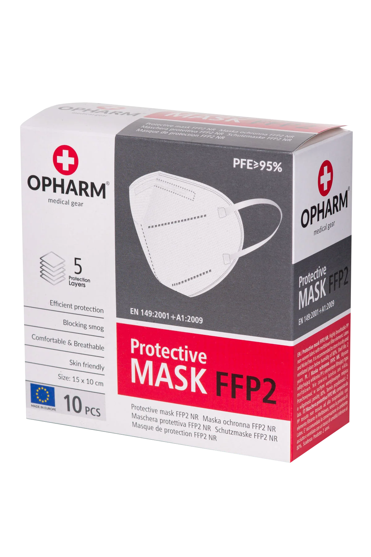 FFP2 Atemschutzmasken-Verpackung mit Maske und Schutzangaben auf Vorderseite.