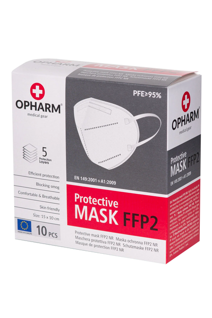 FFP2 Atemschutzmasken-Verpackung mit Maske und Schutzangaben auf Vorderseite.