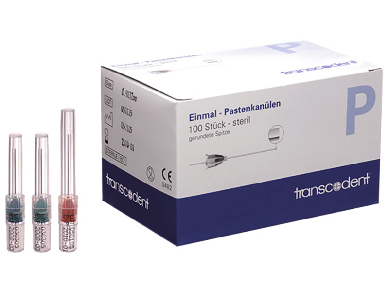 Einmal-Pastenkanüle für Zylinderampullenspritzen, Transcodent-Verpackung mit drei Kanülen.