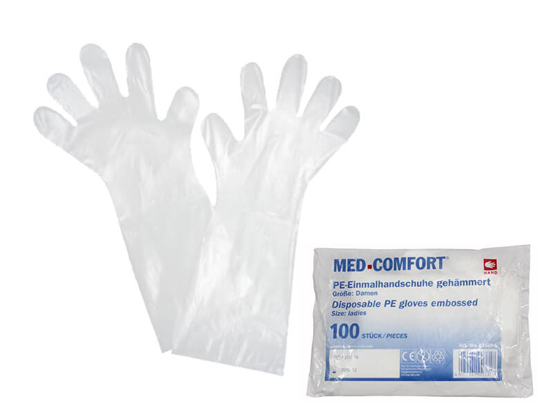 PE Einweghandschuhe gehämmert, transparent mit Verpackung, Größe S.