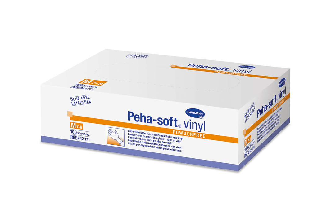 Peha-Soft Vinylhandschuhe M, puderfrei, latexfrei, in weißer Verpackung.