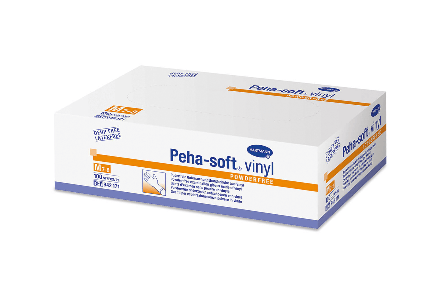 Peha-Soft Vinylhandschuhe M, puderfrei, latexfrei, in weißer Verpackung.