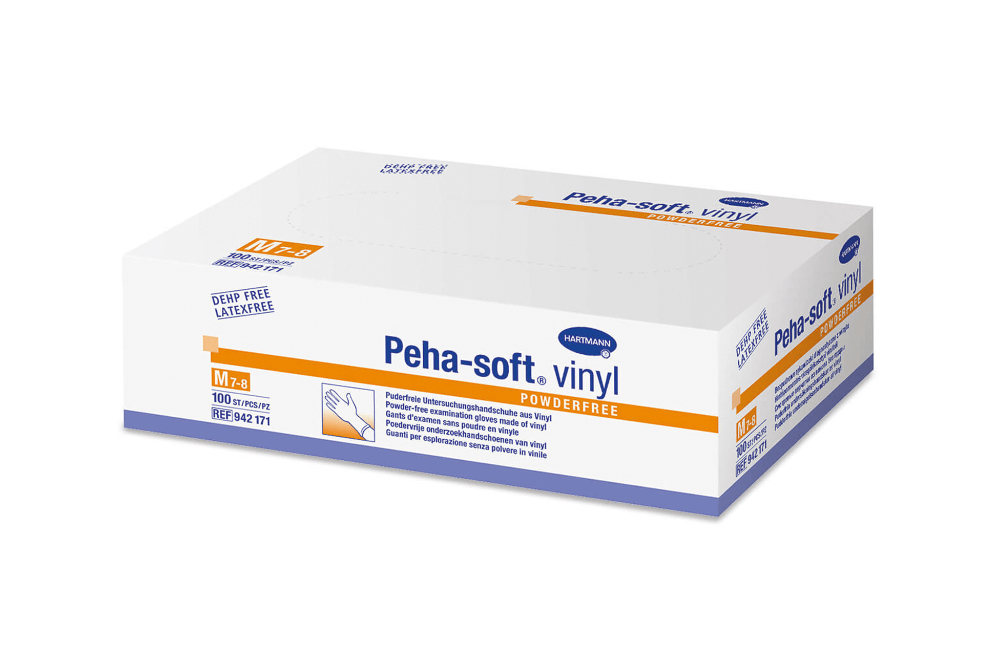 Peha-Soft Vinylhandschuhe M, puderfrei, latexfrei, in weißer Verpackung.