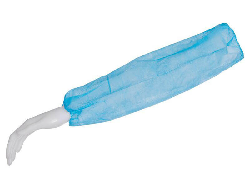 Blauer medizinischer Ärmelschoner aus PP-Vlies auf weißem Hintergrund.